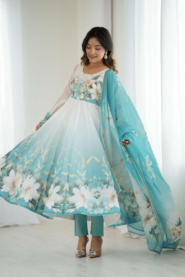 Multi Color Floral Printed Organza Anarkali Suit Set