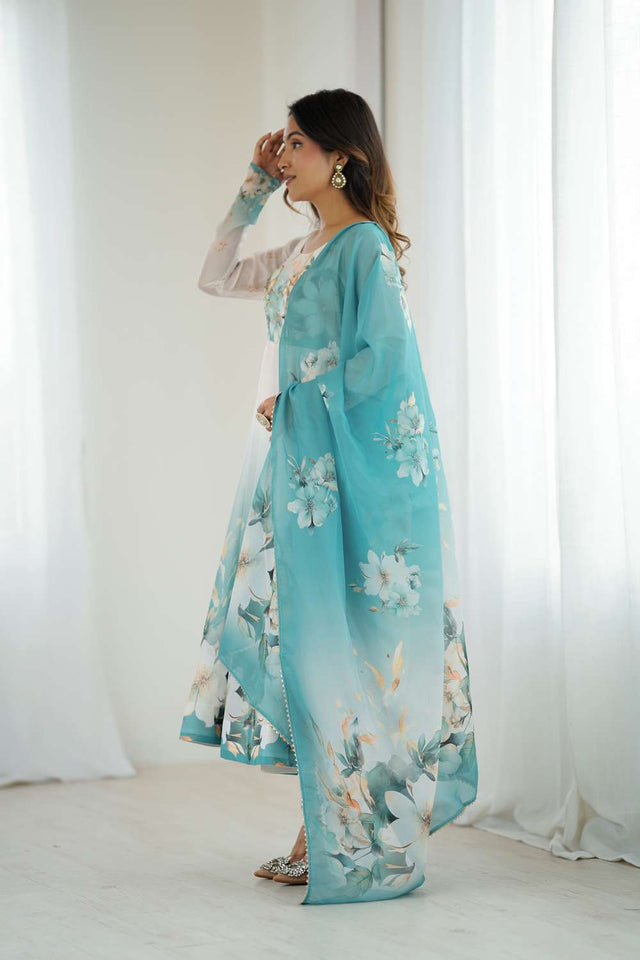 Multi Color Floral Printed Organza Anarkali Suit Set