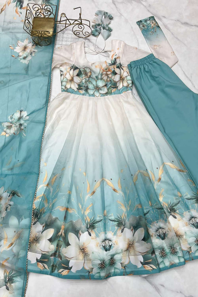 Multi Color Floral Printed Organza Anarkali Suit Set