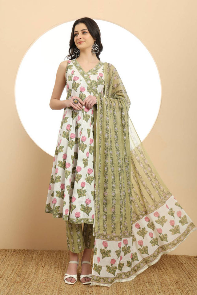 White Floral Printed Cotton Anarkali Suit Set