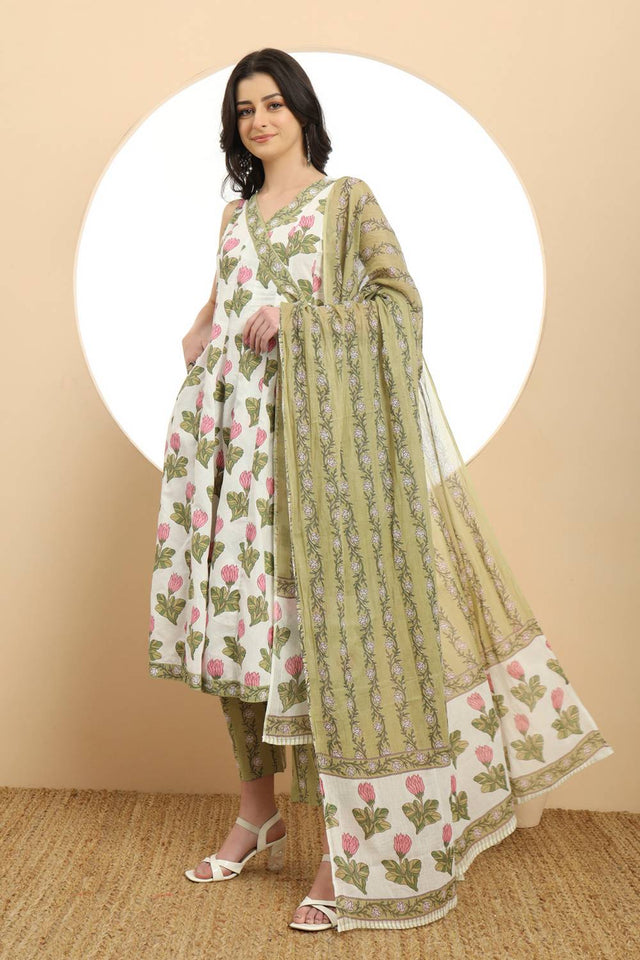 White Floral Printed Cotton Anarkali Suit Set
