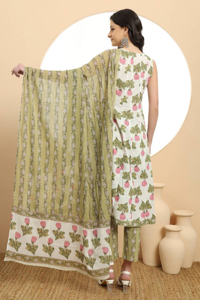White Floral Printed Cotton Anarkali Suit Set