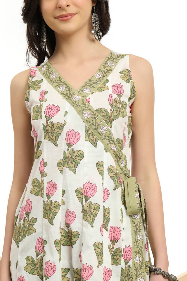 White Floral Printed Cotton Anarkali Suit Set
