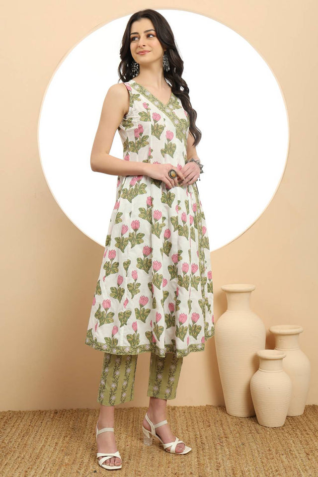 White Floral Printed Cotton Anarkali Suit Set