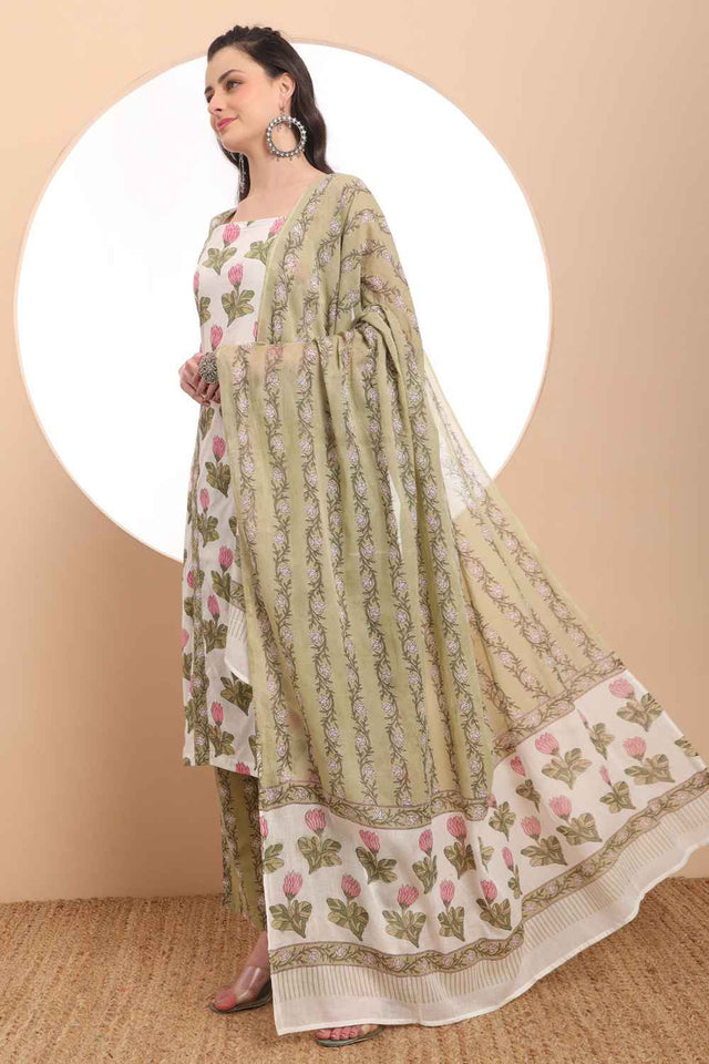 White Floral Printed Cotton Kurti Pant Set