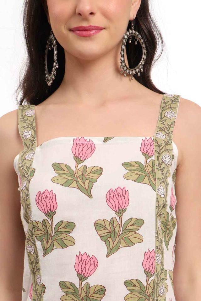 White Floral Printed Cotton Kurti Pant Set