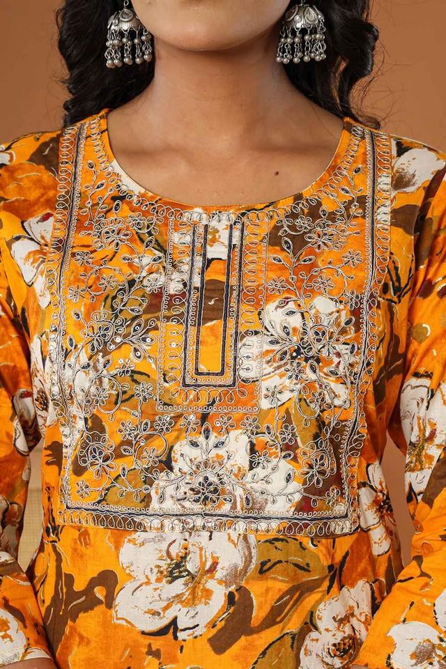 Yellow Floral Print Embroidered Pure Cotton Kurti Pant Set