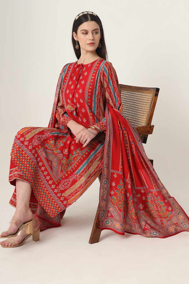 Red Ethnic Motifs Printed Silk Blend Kurti Pant Set