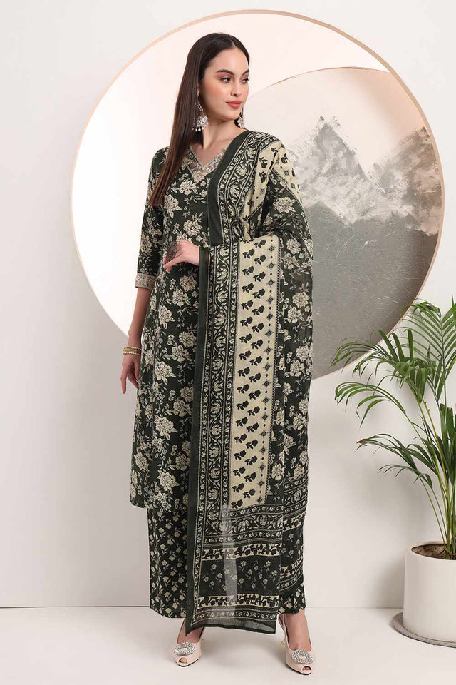 Green Floral Print Cotton Kurti Palazzo Set
