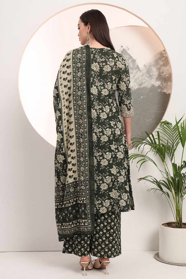 Green Floral Print Cotton Kurti Palazzo Set