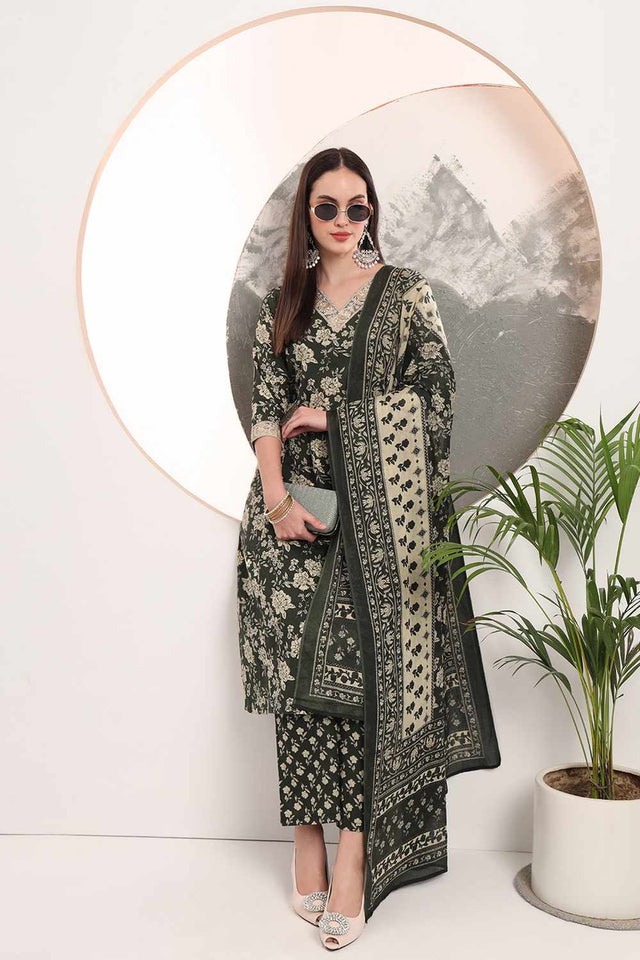 Green Floral Print Cotton Kurti Palazzo Set