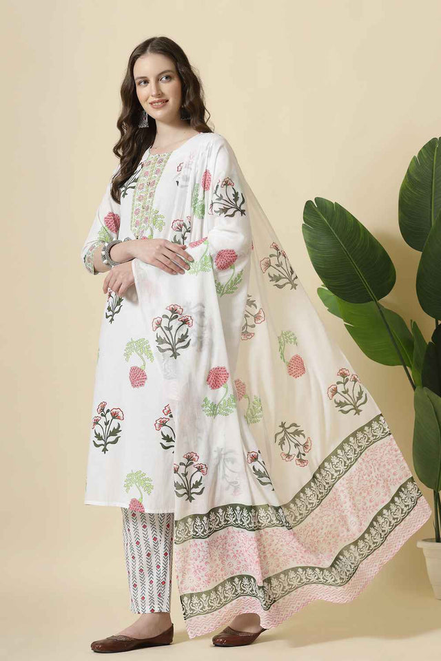 White Floral Printed Cotton Kurti Pant Set