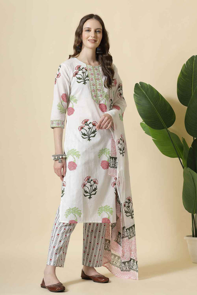White Floral Printed Cotton Kurti Pant Set