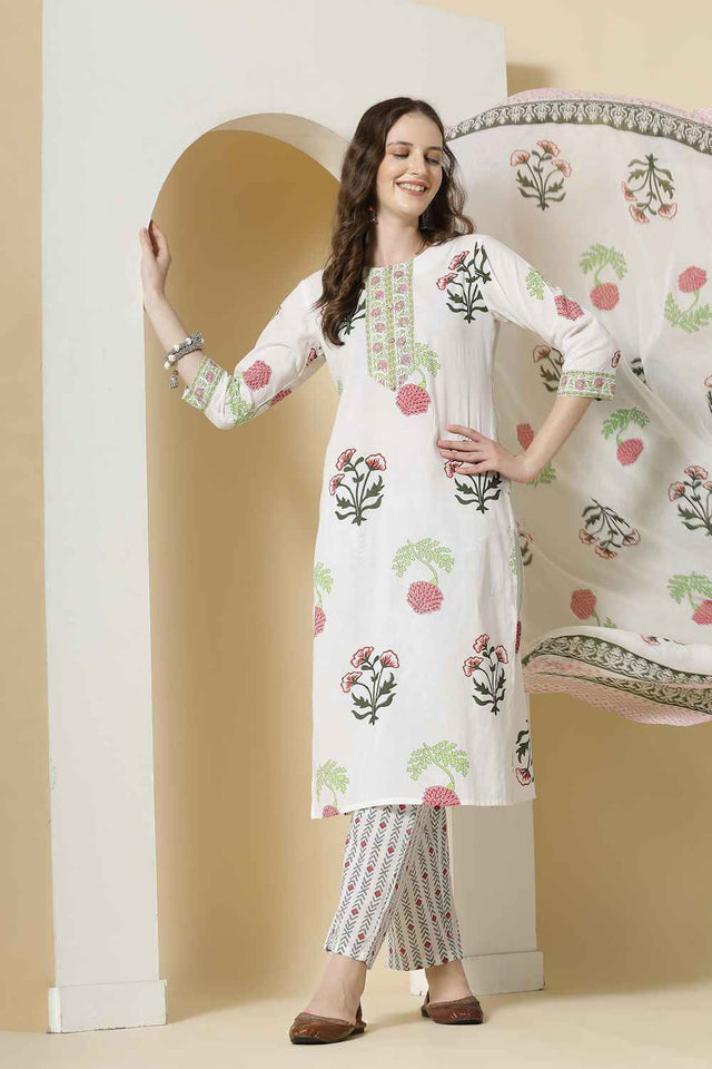 White Floral Printed Cotton Kurti Pant Set