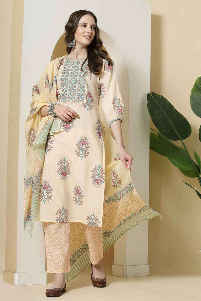 Yellow Floral Printed Cotton Kurti Pant Set