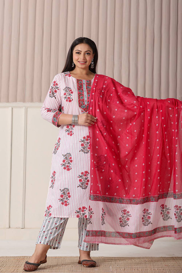 White Floral Printed Cotton Straight Cut Suit Set