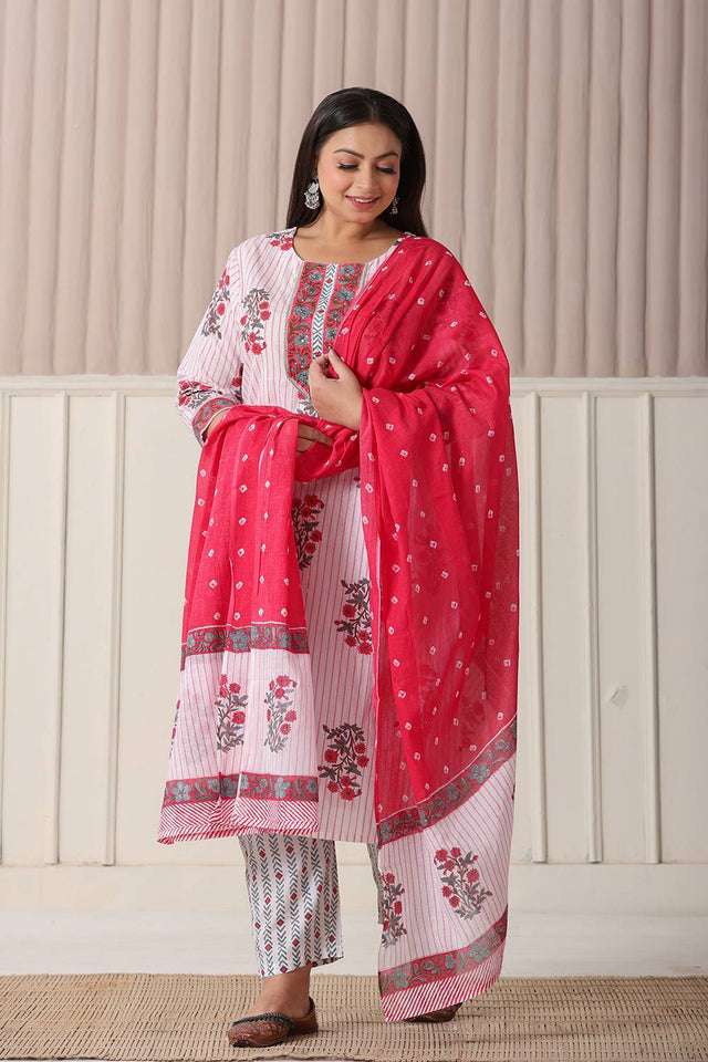 White Floral Printed Cotton Straight Cut Suit Set