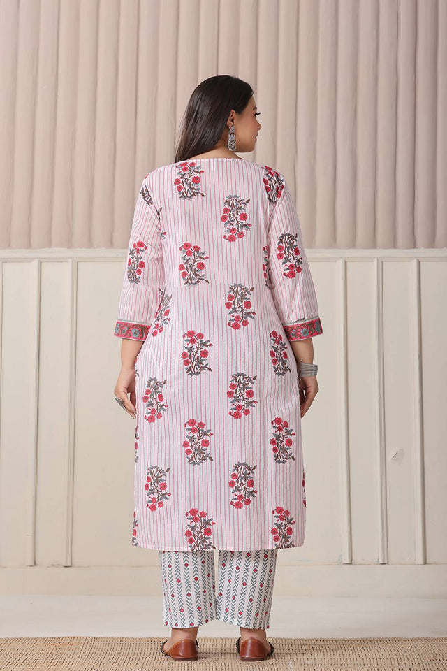 White Floral Printed Cotton Straight Cut Suit Set