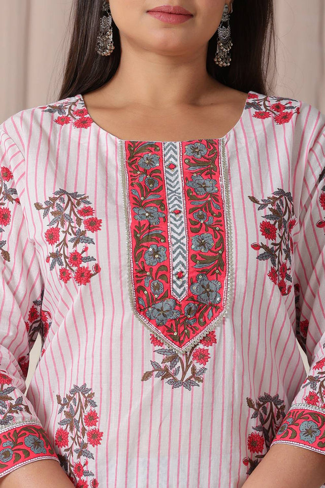 White Floral Printed Cotton Straight Cut Suit Set