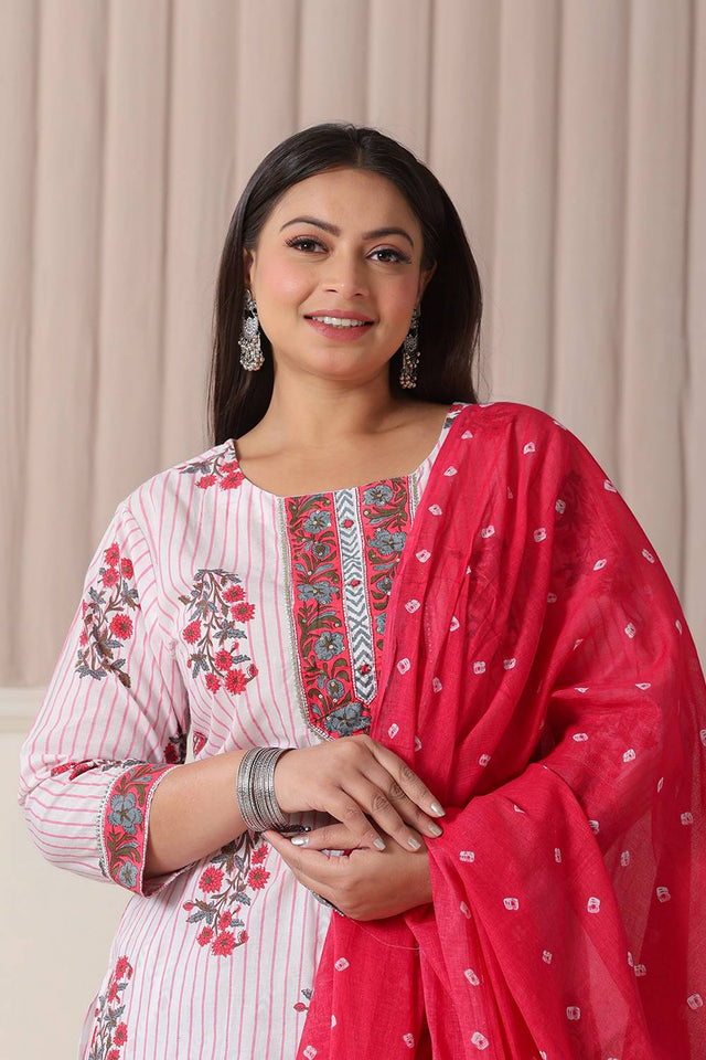 White Floral Printed Cotton Straight Cut Suit Set