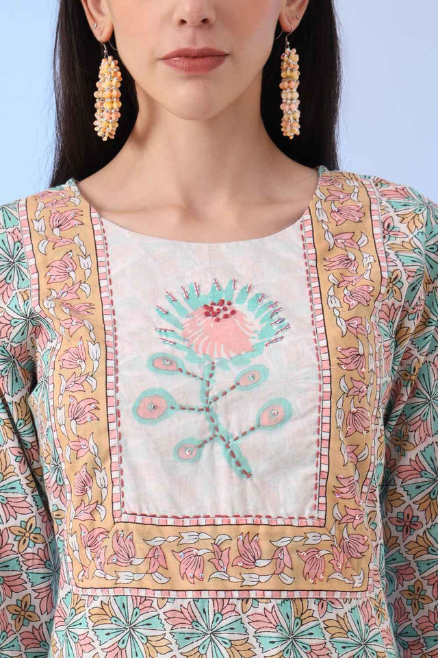 Multi-Color Floral Printed Cotton Kurti Pant Set
