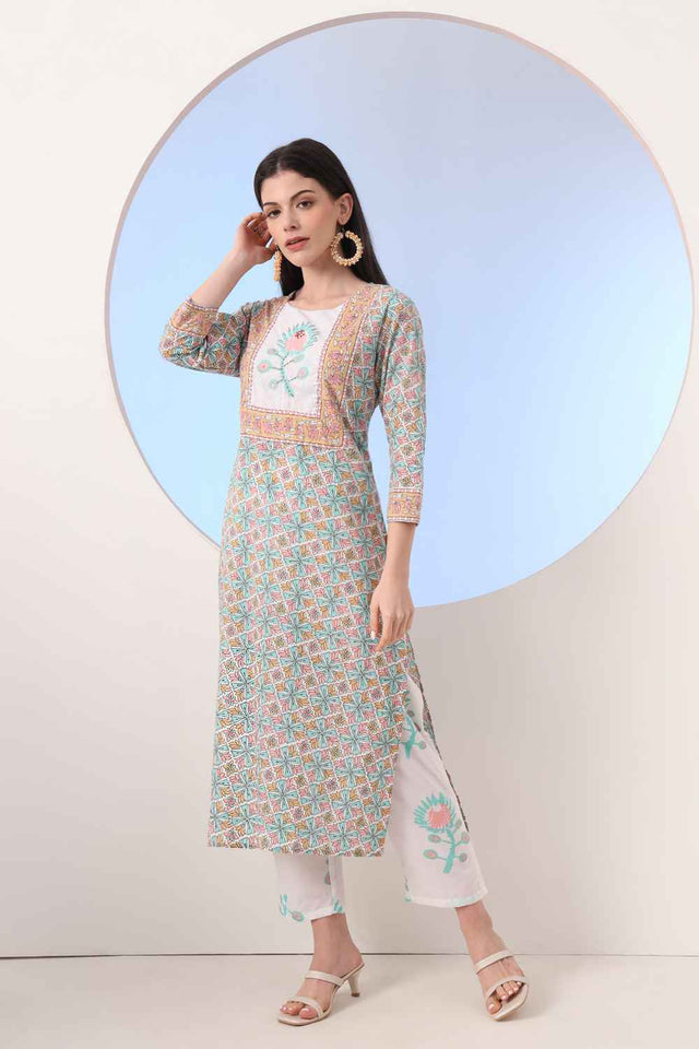 Multi-Color Floral Printed Cotton Kurti Pant Set