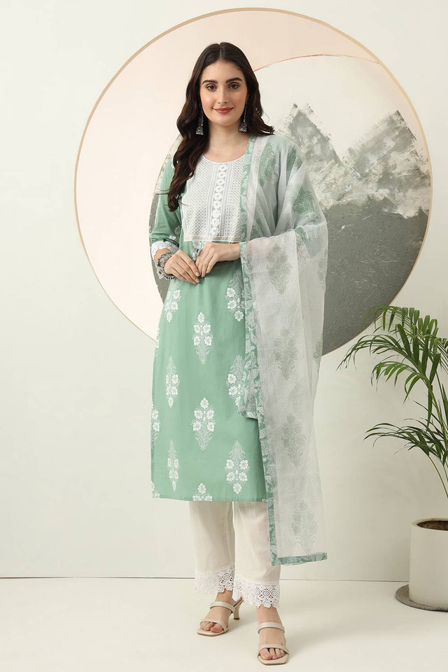 Green Floral Printed Cotton Straight Cut Suit Set