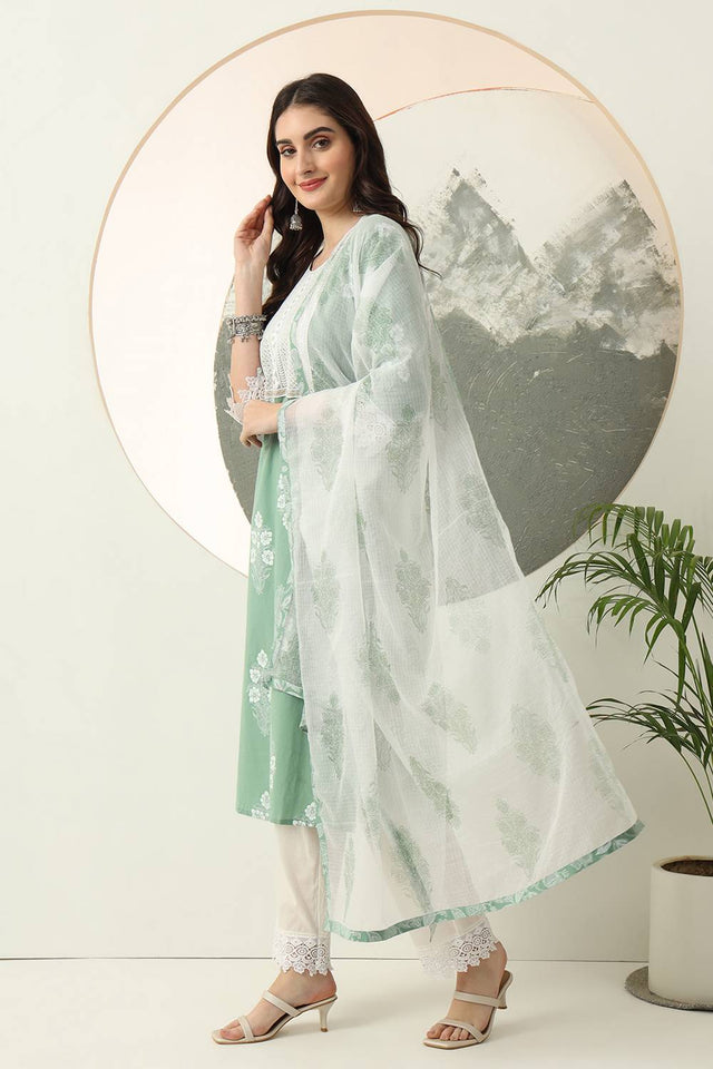 Green Floral Printed Cotton Straight Cut Suit Set