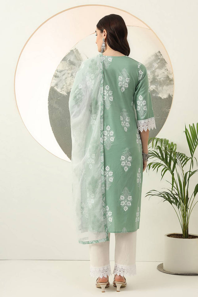Green Floral Printed Cotton Straight Cut Suit Set