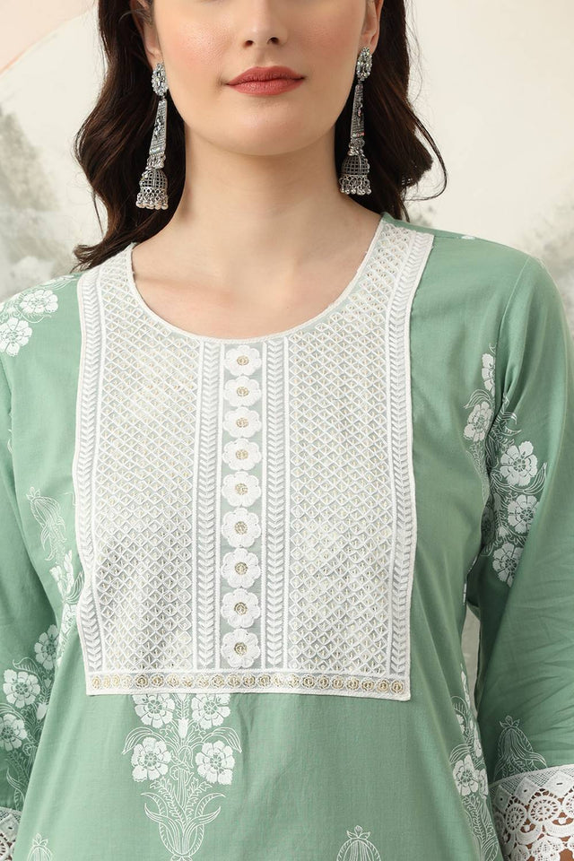 Green Floral Printed Cotton Straight Cut Suit Set