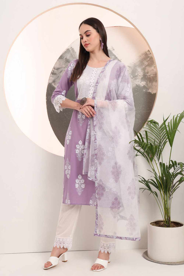 Violet Floral Print Cotton Kurti Pant Set