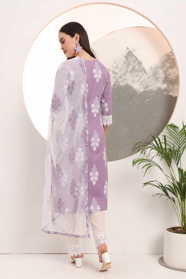 Violet Floral Print Cotton Kurti Pant Set