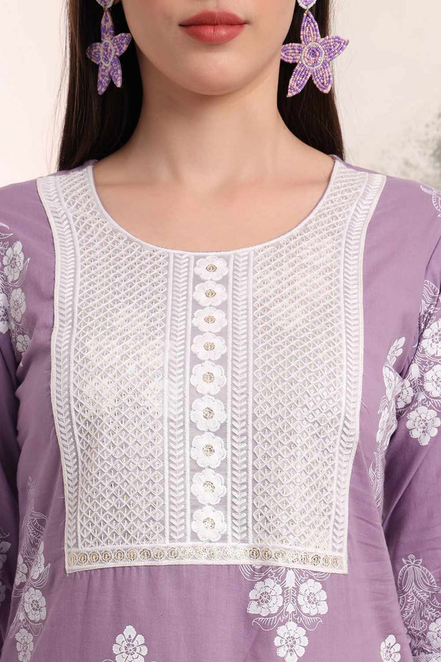 Violet Floral Print Cotton Kurti Pant Set