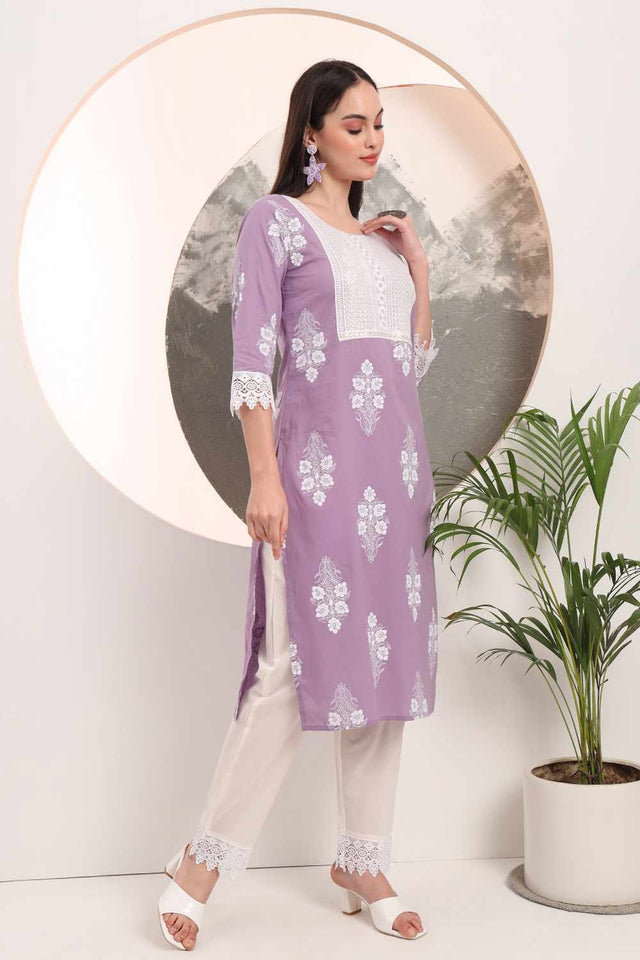 Violet Floral Print Cotton Kurti Pant Set