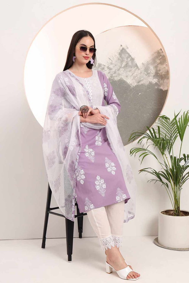 Violet Floral Print Cotton Kurti Pant Set