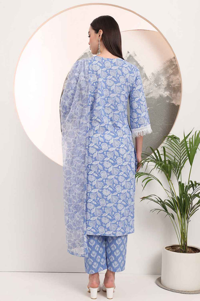 Blue Floral Printed Cotton Kurti Pant Set