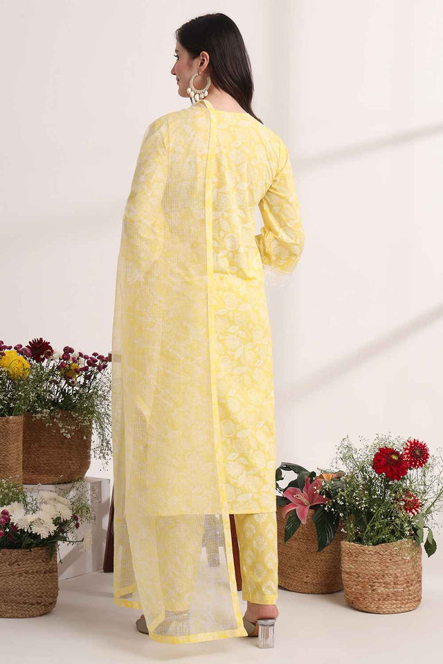 Yellow Floral Printed Cotton Kurti Pant Set