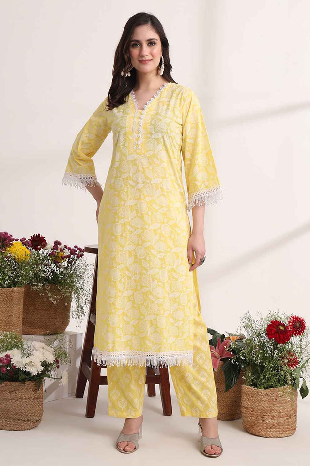Yellow Floral Printed Cotton Kurti Pant Set