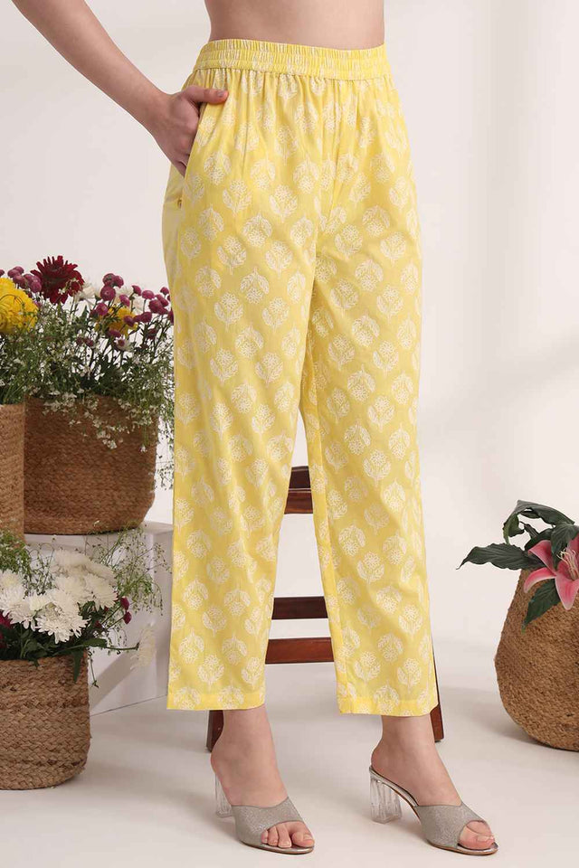 Yellow Floral Printed Cotton Kurti Pant Set