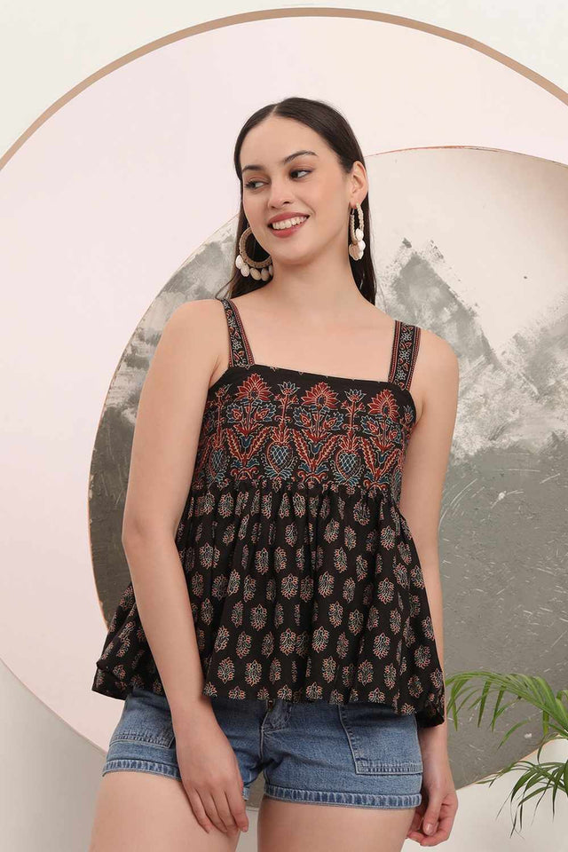 Black Ethnic Motifs Printed Cotton Tops & Tunics