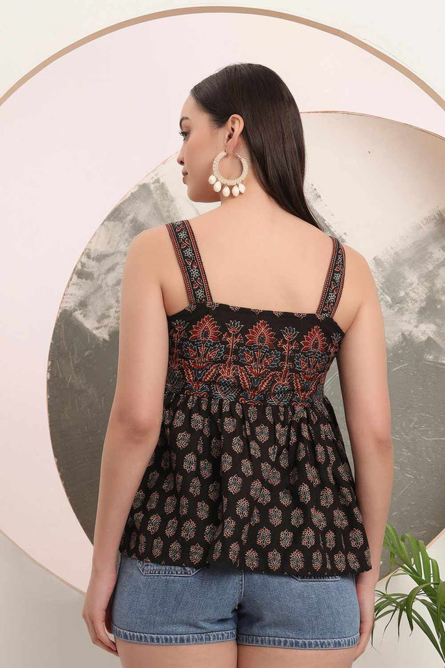 Black Ethnic Motifs Printed Cotton Tops & Tunics