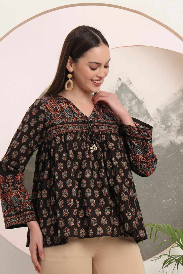 Black Ethnic Motifs Printed Cotton Tops & Tunics