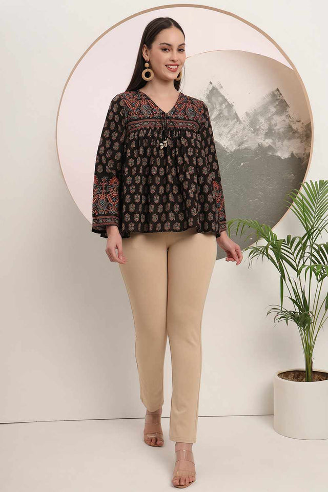 Black Ethnic Motifs Printed Cotton Tops & Tunics