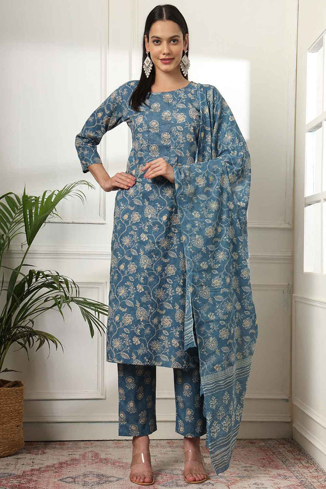 Blue Floral Print Pure Cotton Kurti Pant Set