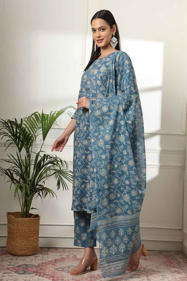Blue Floral Print Pure Cotton Kurti Pant Set