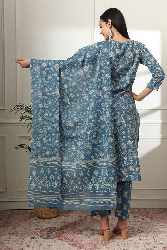 Blue Floral Print Pure Cotton Kurti Pant Set