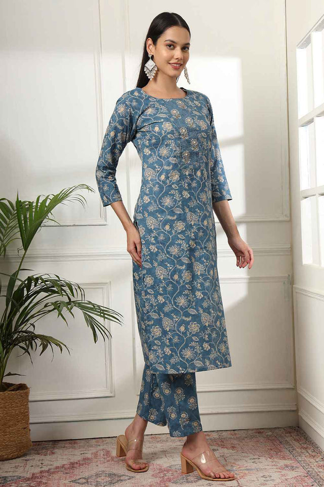 Blue Floral Print Pure Cotton Kurti Pant Set