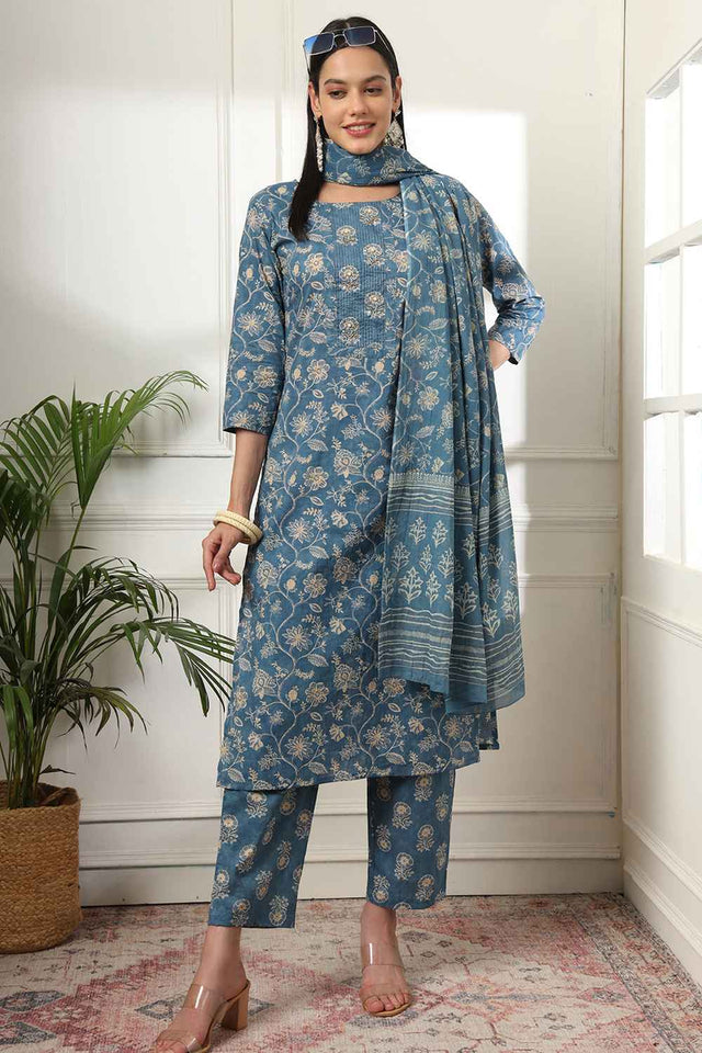 Blue Floral Print Pure Cotton Kurti Pant Set