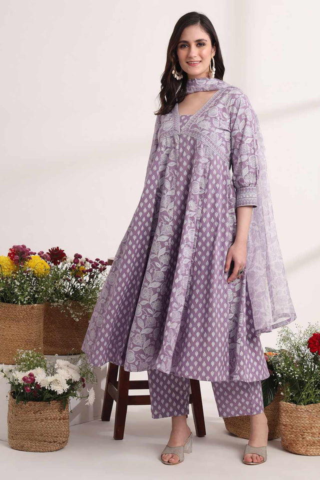 Violet Ethnic Motifs Printed Cotton Kurti Pant Set