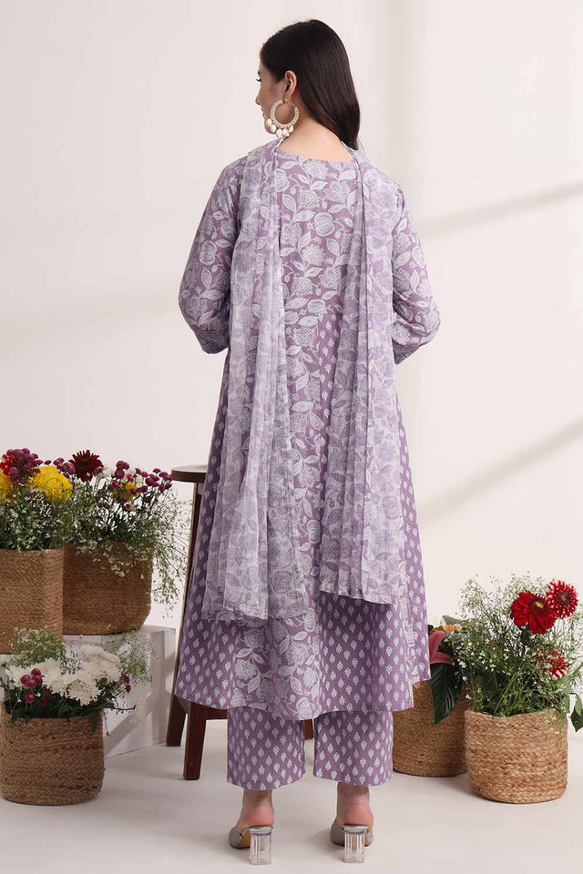 Violet Ethnic Motifs Printed Cotton Kurti Pant Set